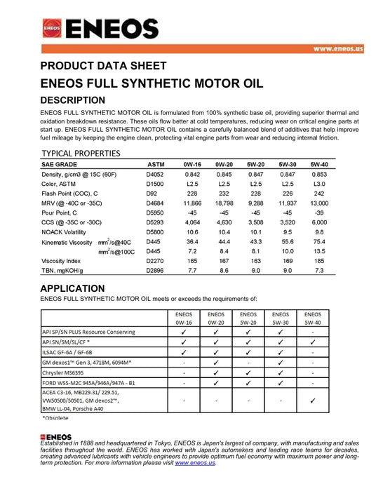 ENEOS 5W-20 Fully Synthetic Motor Oil (1-Quart, Single Pack)